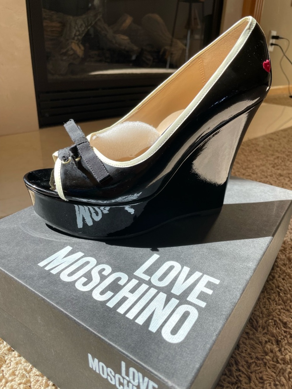 Love Moschino Black Patent Wedge Peep-Toe with Cream Trim and Red Heart